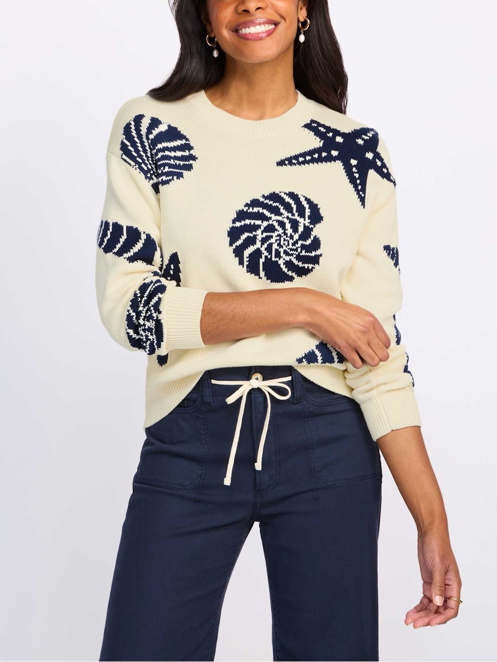Rails Cream and Navy Nautical Shell Crewneck Sweater